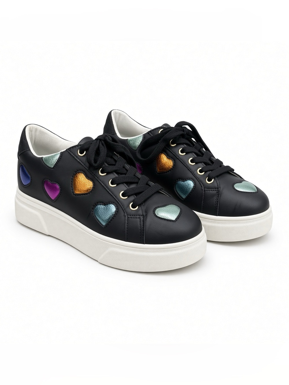 Black Platform Heart-Accent Lace-Up Sneakers